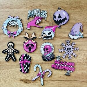 12 Pastel Goth Xmas Wooden Ornaments, NWT